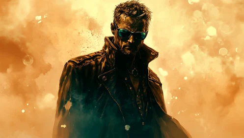 Mysterious sunglasses hero walks through glowing orange smoke