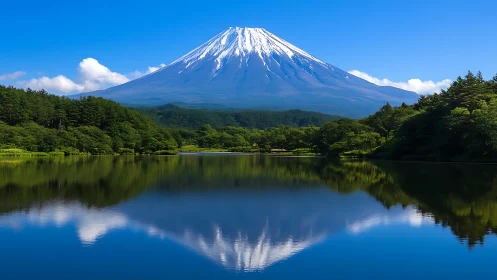 Snow-capped mountain reflected clearly in calm blue lake