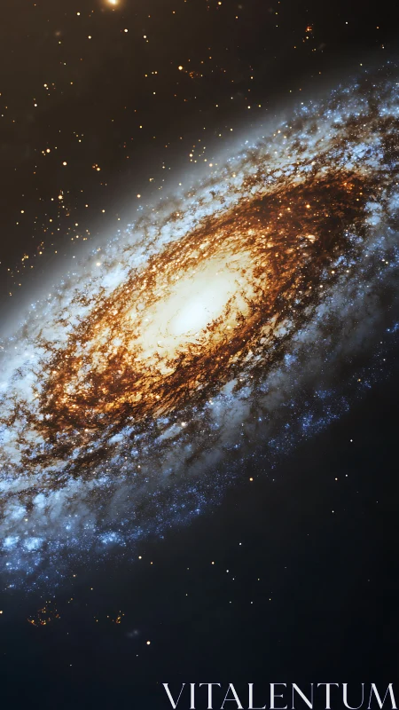 Edge-on barred spiral galaxy with dense luminous core glow.