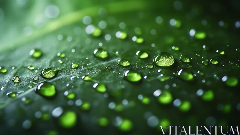 Glistening water droplets rest on a lush green leaf surface.