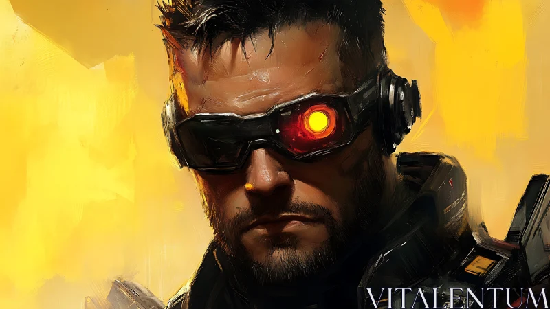 Cyborg portrait shows man with visor and illuminated red lens