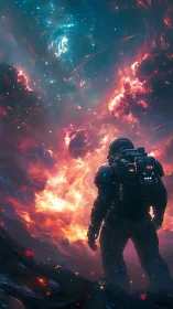 Solitary astronaut confronts a blazing cosmic storm horizon.