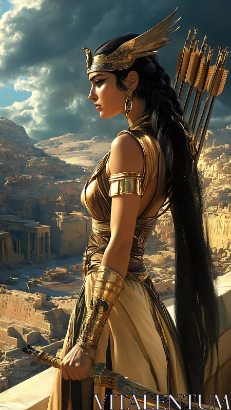 Desert queen archer surveys ancient golden canyon stronghold.