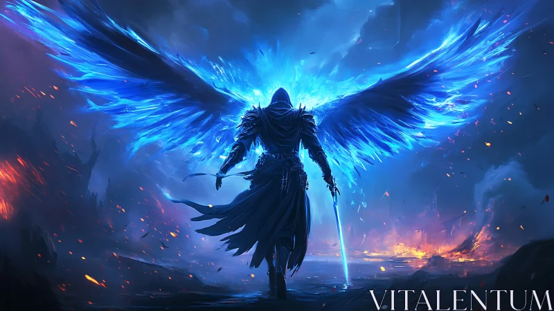 Luminescent winged warrior with plasma blade in burning wasteland