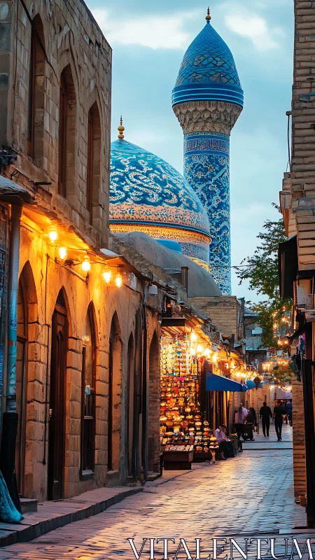 Bazaar alley frames ornate blue mosque at twilight.