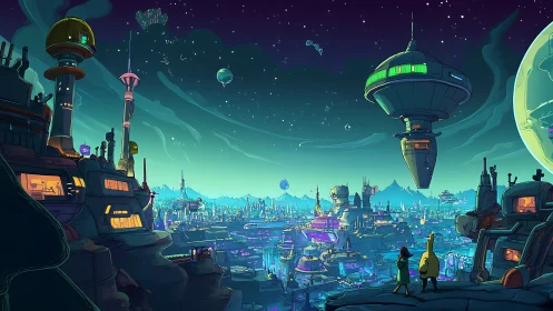 Vibrant alien metropolis glows under a swirling neon sky.