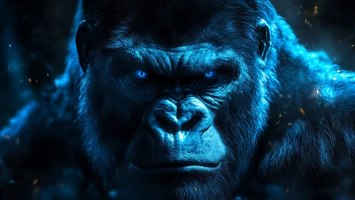 Powerful blue gorilla gazing back with fierce quiet focus.