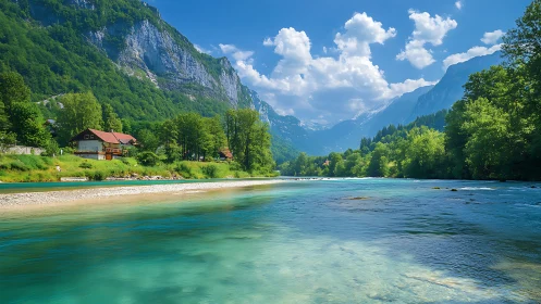 Mountain river valley with turquoise water and summer cottages.