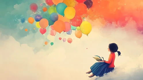 Dreamy girl reading beneath a sky of rainbow balloons.