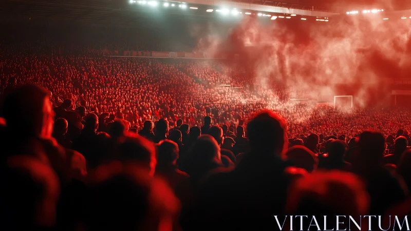 Crowd in illuminated football stadium under dense red haze.
