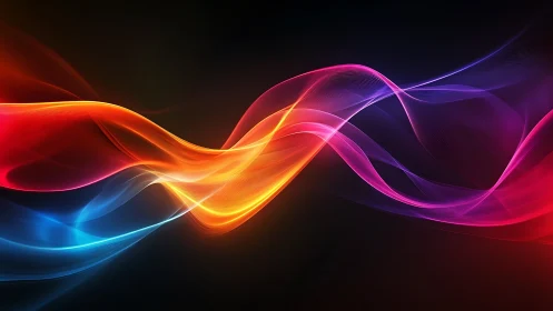 Neon light waves flow across dark gradient digital background.