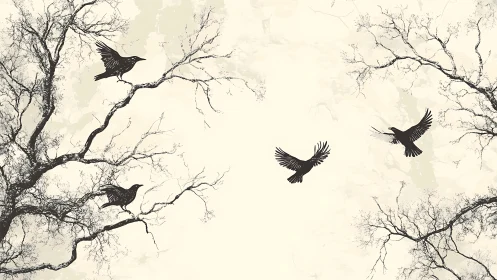 Monochrome corvid silhouettes intersecting bare arboreal lattices.