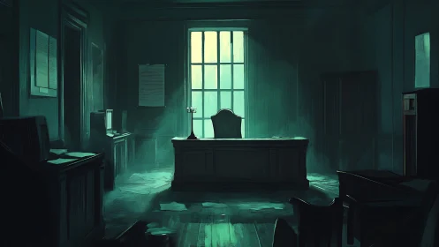 Quiet courthouse office glowing with pale morning light.