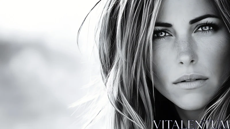 Close-up monochrome portrait shows detailed female face