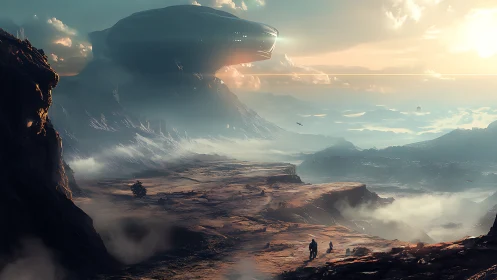 Colossal starship lounges above wanderers on a rusted world