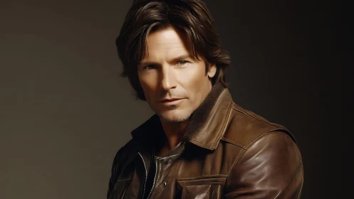 Leather jacket portrait with confident male gaze in studio.