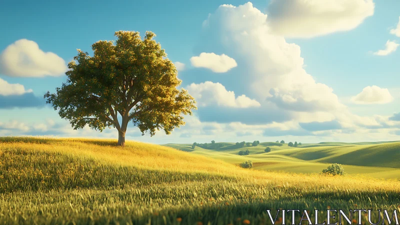 Solitary oak on sunlit rolling meadow under cumulus sky
