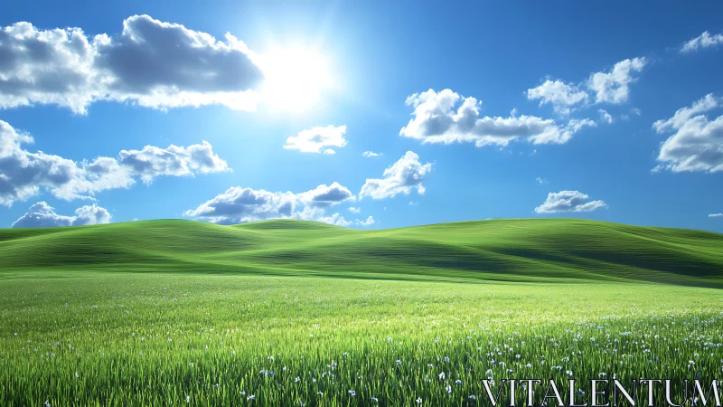 Sunlit grassy hills extend beneath scattered cumulus clouds.