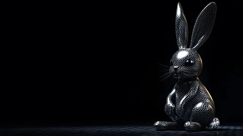 Shiny Metallic Rabbit Sculpture on Dark Minimalist Background.