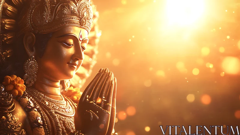 Golden Hindu deity statue in radiant prayerful sunlight.