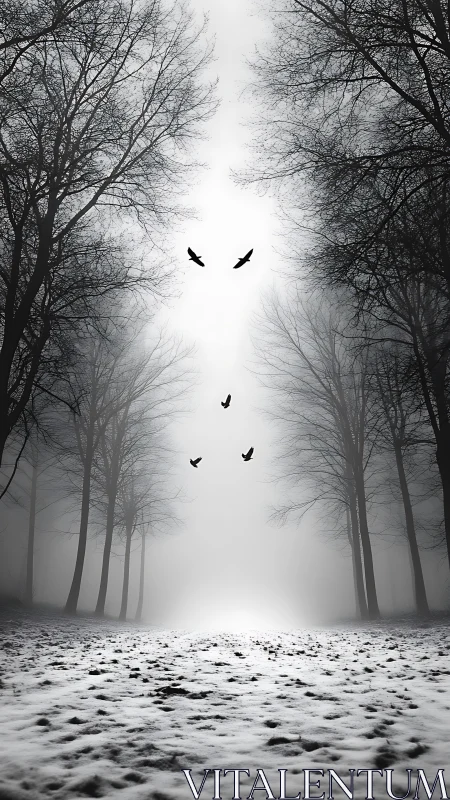 Monochrome winter forest corridor with silhouetted crows in flight.