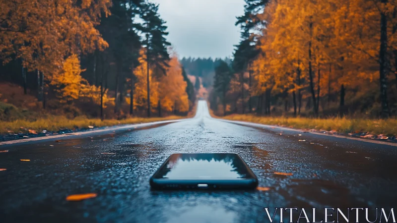 Autumn forest highway with reflective smartphone foregrounded.