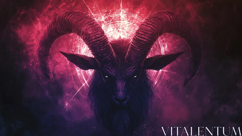 Horned goat skull illustration with glowing circular sigil.