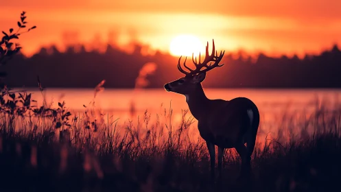 Majestic stag silhouette in glowing sunset, nature photography style.