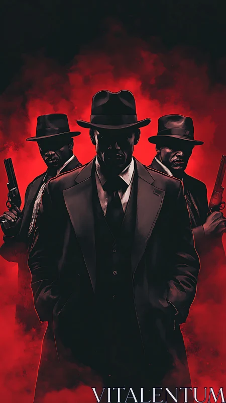 Trio of noir gunmen in red smoke, cinematic digital artwork