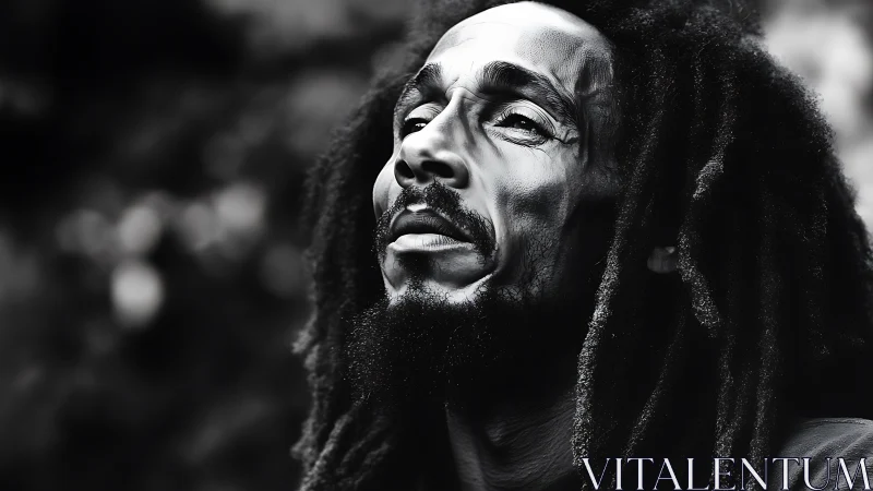 Monochrome dreadlocked portrait with high-contrast sculptural lighting.