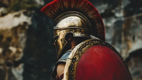 Roman legionary profile in gilt helmet and crimson shield.