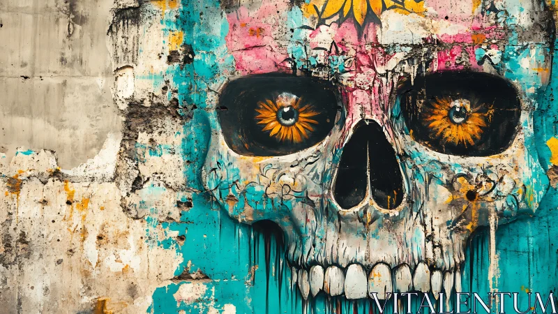 Graffiti skull stares back with molten sunflower eyes blazing