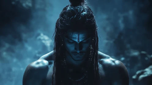 Moonlit ascetic warrior bowed in stormy blue silence.