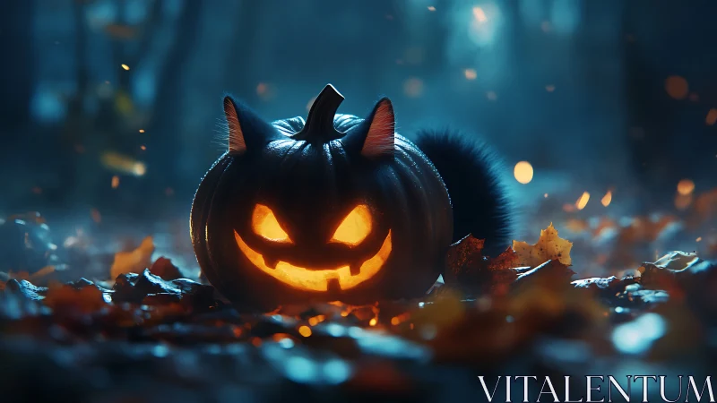 Jack-o-lantern styled as cat on forest floor at dusk.