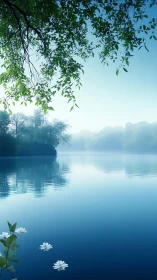 Tranquil misty lake with floating white flowers at dawn.