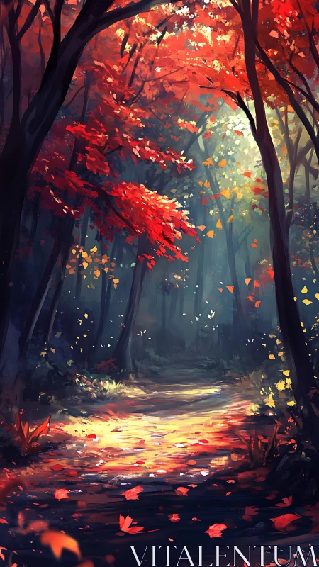 Autumn Forest Path with Glowing Leaves and Trees