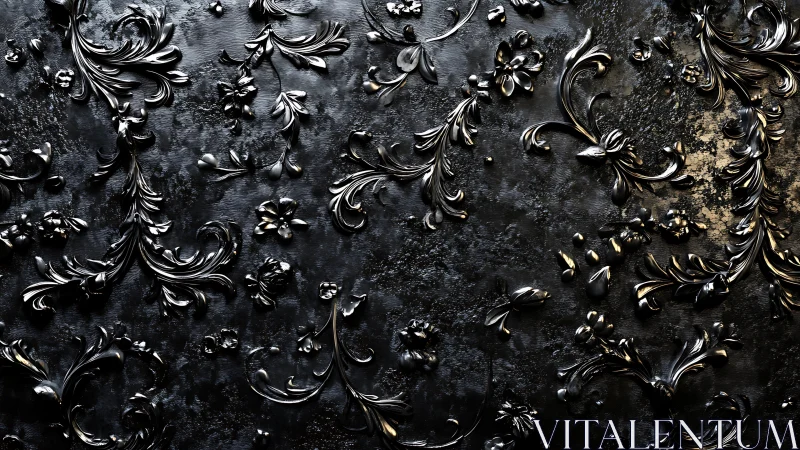 Baroque black floral relief spreads across textured metal wall