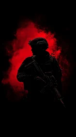 Silent tactical figure framed by bold crimson smoke.