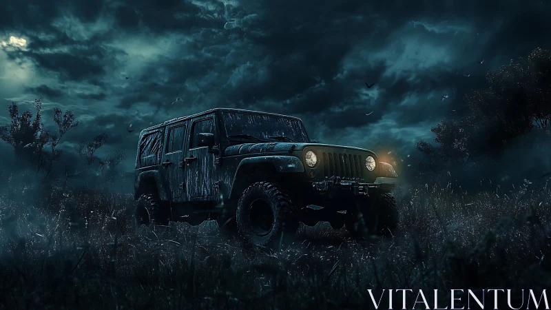 Storm-lit off-road beast waits, humming under haunted clouds