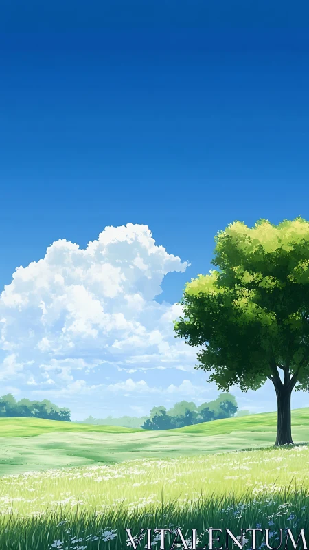 Anime pastoral landscape with solitary tree and open sky.