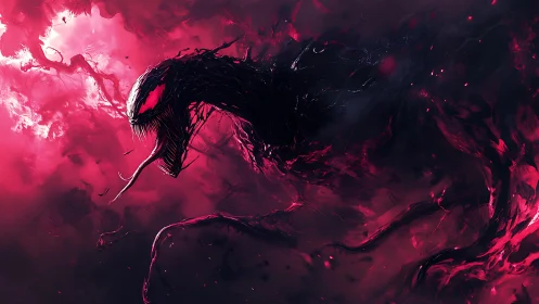 Sinister symbiotic creature in swirling crimson void.