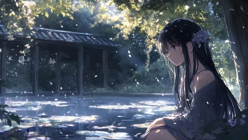 Soft petals linger while the river keeps her secrets close