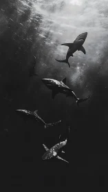 Monochrome sharks circle beneath rippling sunlit surface