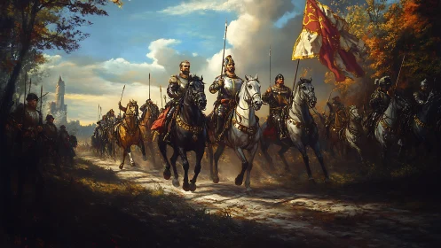 Gallant medieval knights ride toward a sunlit autumn horizon