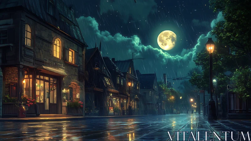Rainy night street scene under bright full moonlight