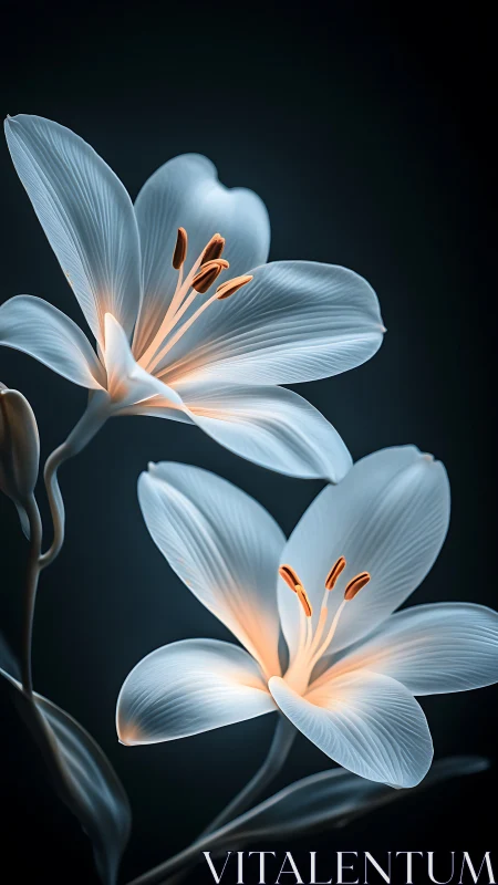 Luminescent Lilies with Peach Stamens Against Deep Teal Background.