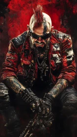 Fierce cyberpunk punk warrior glares amid burning red chaos