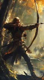 Archer aims drawn bow in sunlit forest with distant riders