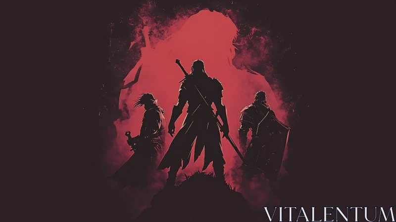 Dark fantasy trio silhouetted against red mist backdrop.