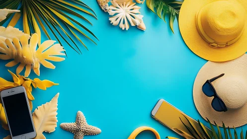 Summer beach essentials flat lay on bright blue background.